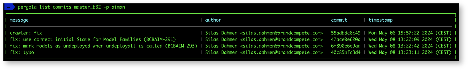 pergola list commits output