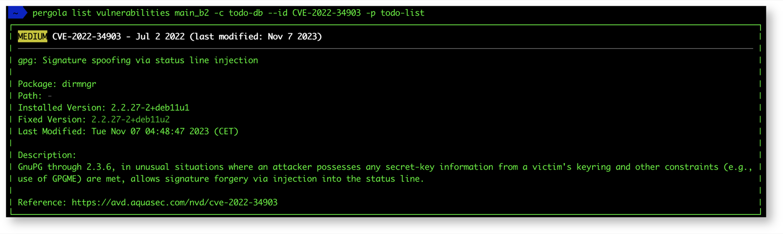 pergola list vulnerabilities showing issue details